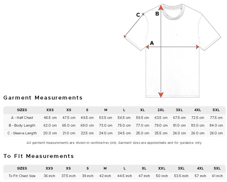 T-shirt size chart showing chest, length, and sleeve measurements for sizes XXS to 5XL.