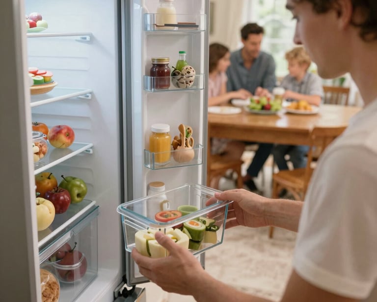 A warm kitchen scene with André plating colorful, fresh batch-cooked meals.