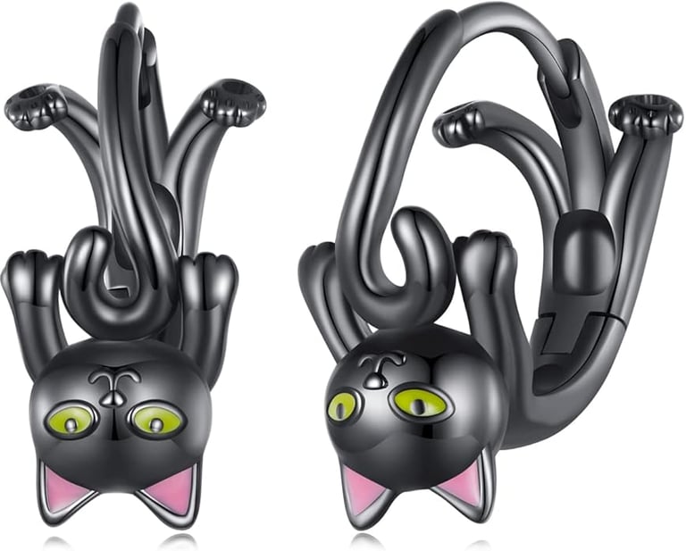 Harajuku Inspired Sterling Silver Earrings: Cubic Zirconia, White Gold Plated Huggie Small Kitties Black Cats.