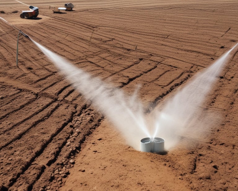A farmer reviewing water usage estimates on a tablet while standing in a green field with crops and livestock nearby.