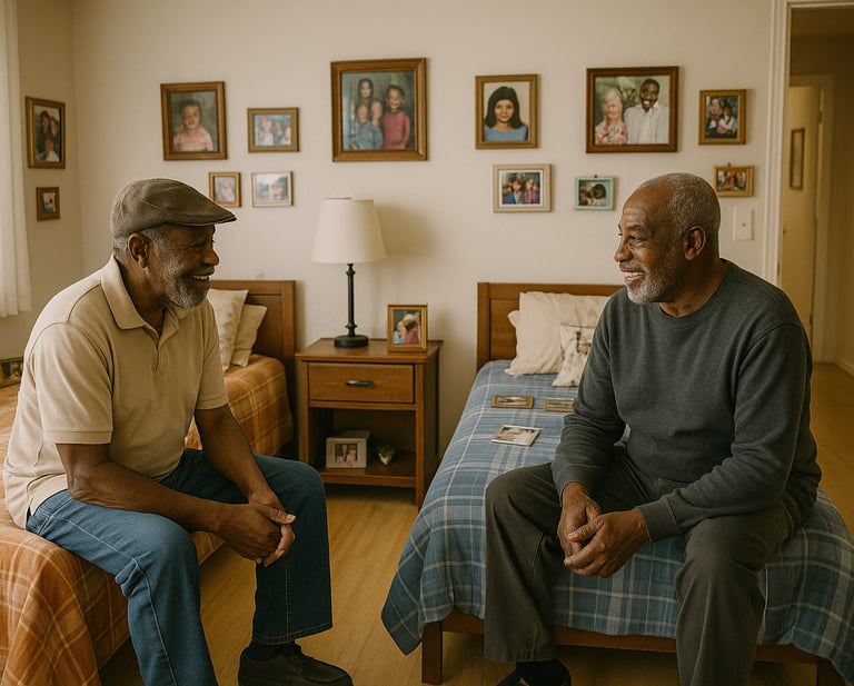 two men sitting on a bed
