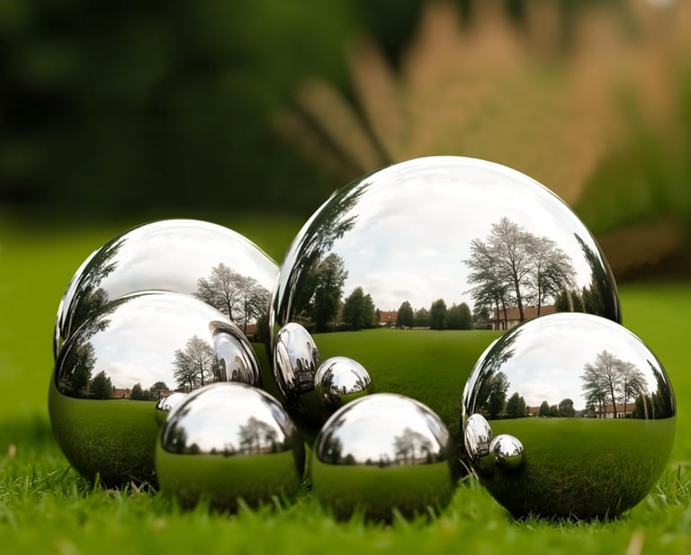 Polished stainless steel gazing balls in various sizes reflecting a green garden landscape.