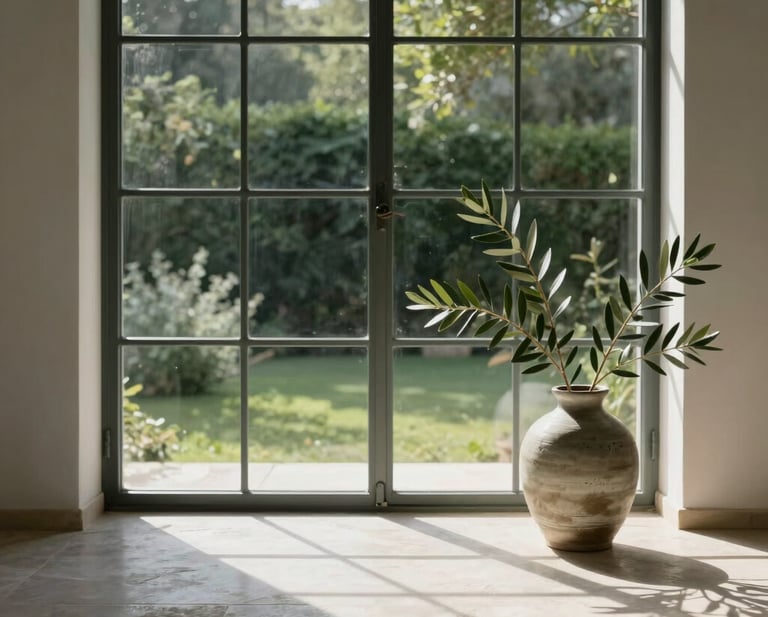 Soft morning light streaming through a large steel-framed window, illuminating a minimalist stone floor, a branch of olive leaves in a ceramic vase, looking out to a lush green garden.