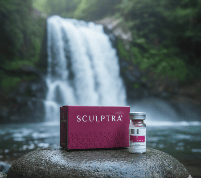 producto SCULPTRA bioestimulador en fondo natural de cascada sobre piedra de río