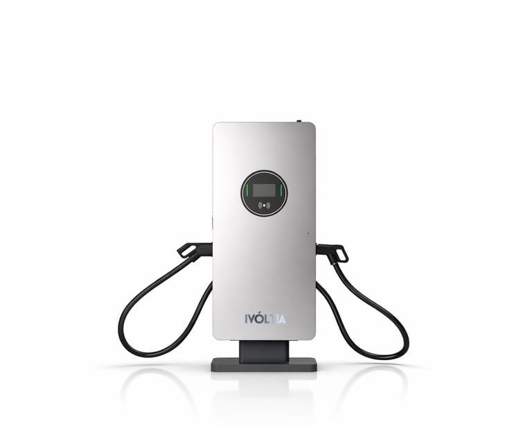 iVoltia 60-80kW dual-port electric vehicle charging station with digital display.