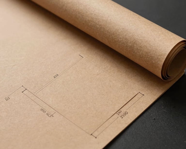 Close-up technical flat-lay of the unrolled Sleeve-Pocket template, showing the die-cut lines, dimensions, and structural layers of the 300g Kraft liner.
