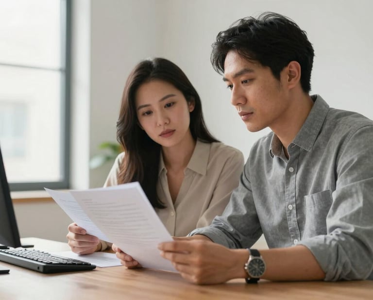 A focused, professional North American couple in a clean, modern home office setting, looking at paperwork together with a sense of relief and calm. Soft morning light enters from a nearby window. The atmosphere is trustworthy and efficient.