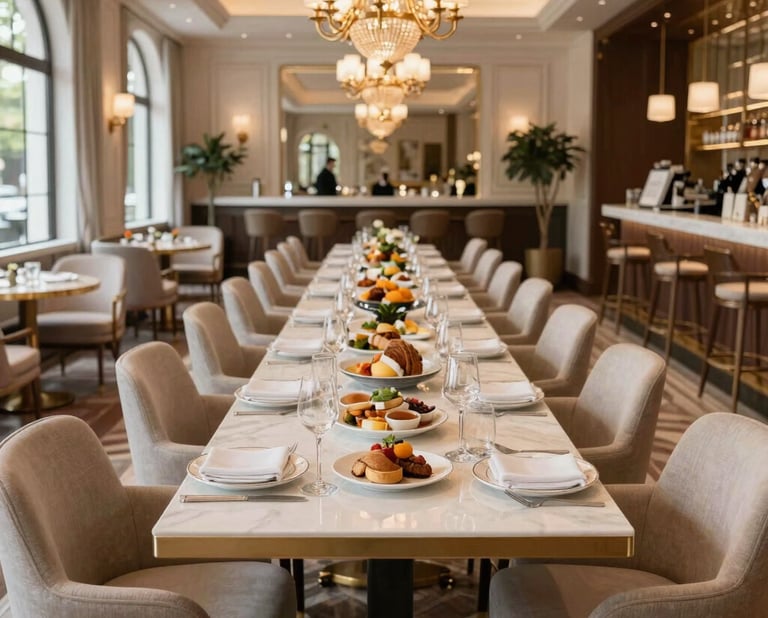 Elegant brunch table set with gold accents and fresh flowers, sunlight streaming through large windows.