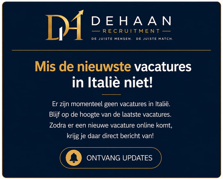 DeHaan Recruitment notification for new job vacancies in Italy with a button to receive updates.