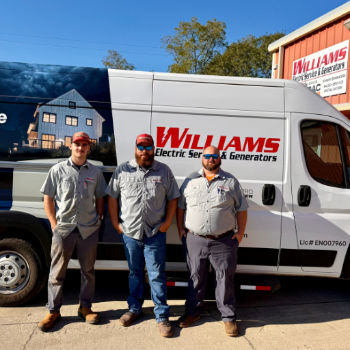 3 Williams Electric Service & Generators technicians standing in front of there service van.
