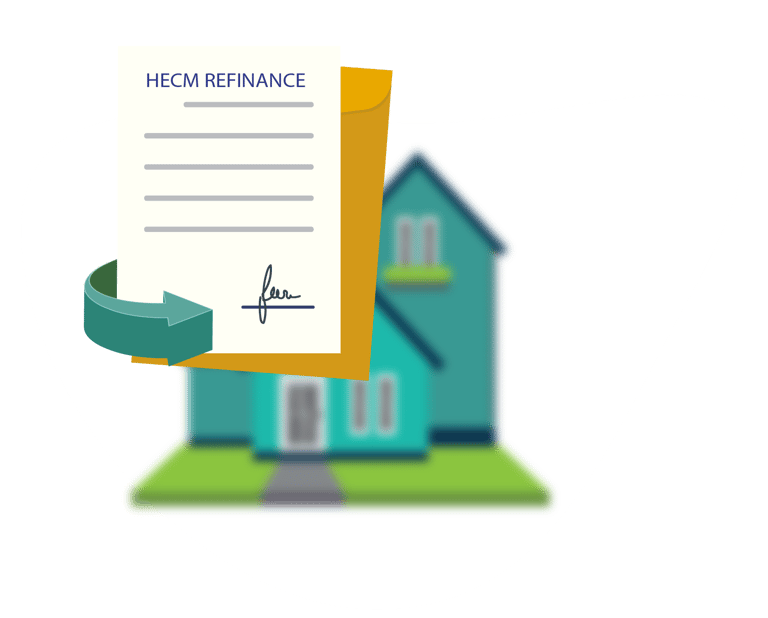 blurred house in the back. Hecm refinance signed document symbolizing the importance of documents