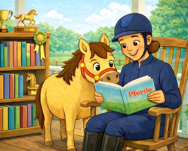 Cartoon Illustration Pancake und Ponytante schauen Pferdebücher an