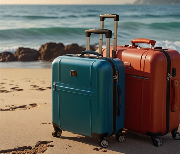 two suitcases sitting on the sand at the beach