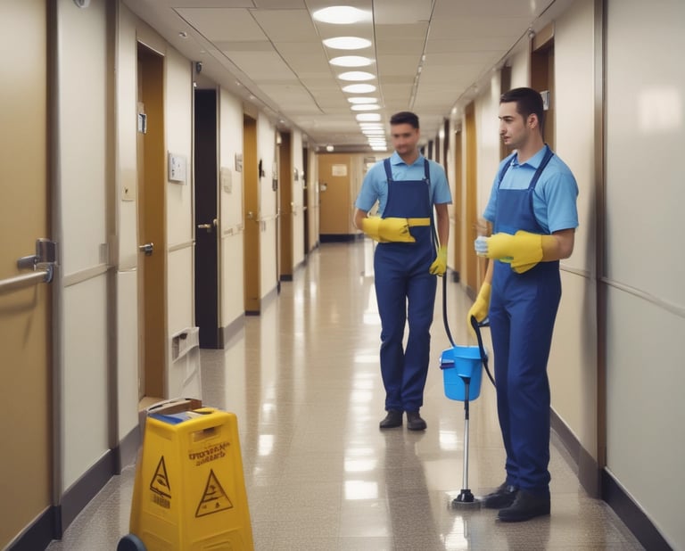 A construction site features an extended concrete pump with a bright green arm reaching high into the clear blue sky. Workers in construction gear, including hard hats and reflective vests, are positioned on a structure below, attending to various tasks. The setting suggests an active work environment on a building site.