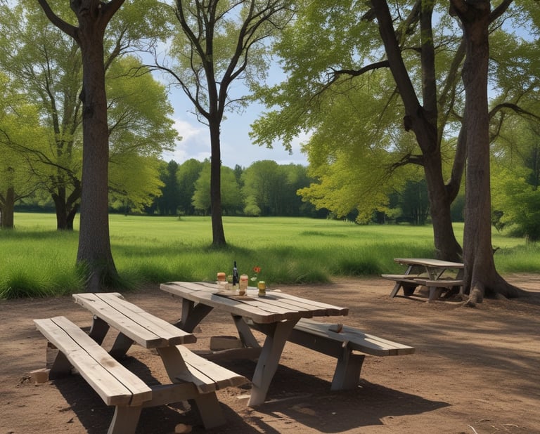 A beautiful picnic setup with a blanket and basket in a lush green park.