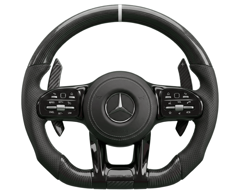 Mercedes-AMG carbon fiber performance steering wheel with paddle shifters and leather grips.
