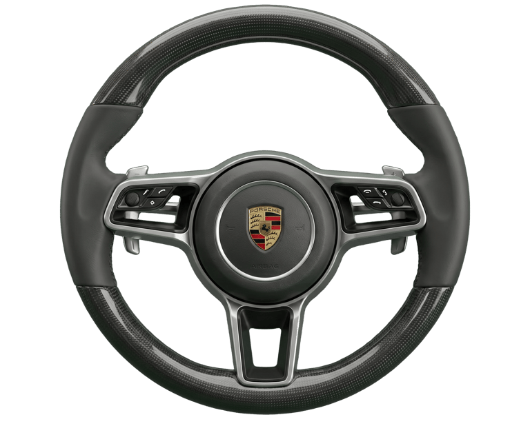 High-performance Porsche carbon fiber steering wheel with leather grips and center crest logo.