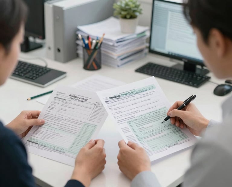 Wide environmental shot of a business meeting room in natural daylight, two people seated across a table reviewing printed financial documents, hands visible on papers, open notebooks, a laptop screen showing a spreadsheet in the background, warm window light from the left, documentary framing