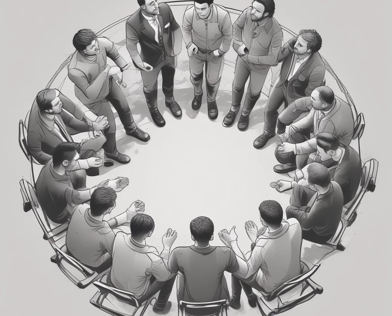 A warm group of diverse individuals sitting in a circle engaged in a heartfelt conversation inside a bright community room.