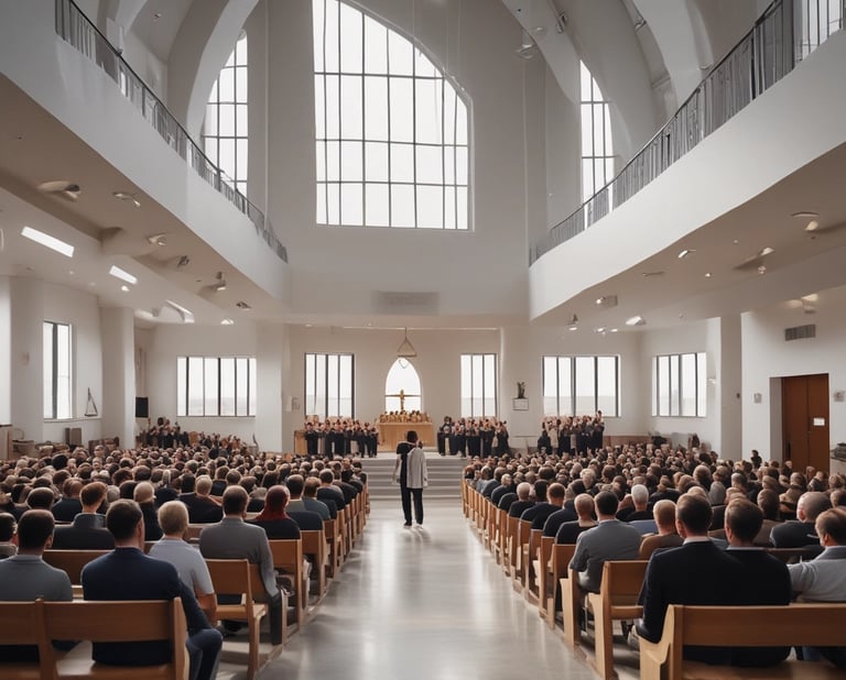 A serene gathering of people in prayer surrounded by soft glowing lights and vibrant colors.