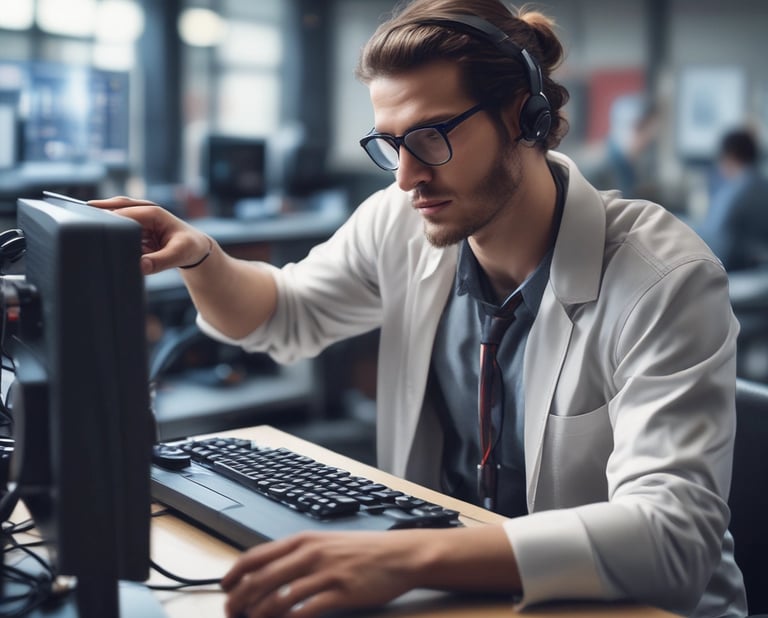 A friendly technician assisting a client over the phone in a modern office environment.