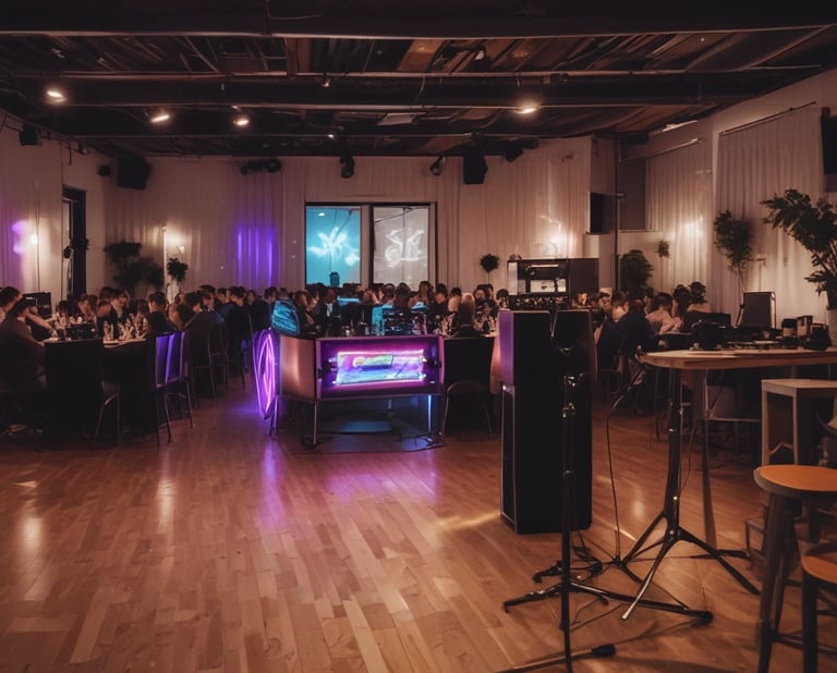 DJ performing energetically at a lively party with colorful lights