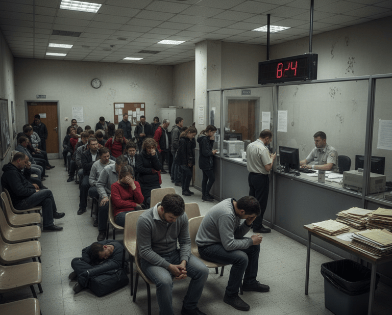 government office lobby with people waiting that look miserable