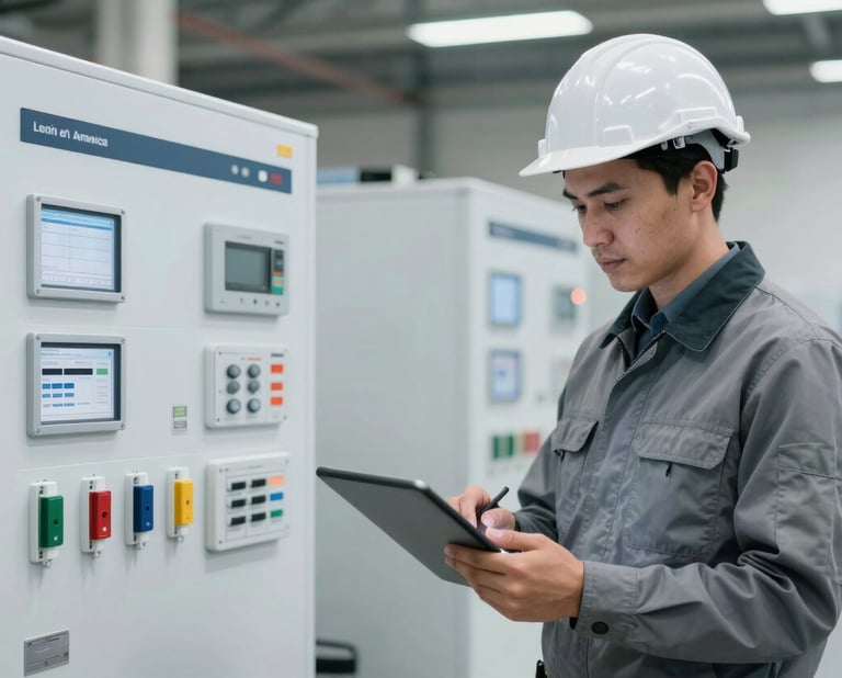Clean, modern logistics center in Latin America with an engineer using a tablet, snow white and oxford gray tones, emphasizing systems and data-driven efficiency, professional high-contrast photography.