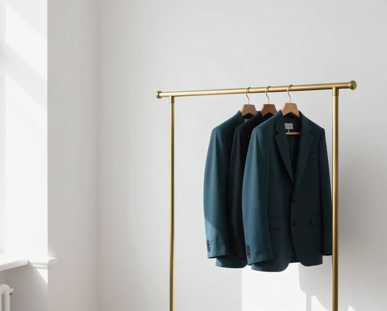 Minimalist editorial photography of a bright modern tailoring atelier, soft natural daylight, clean white walls, a single elegant brass clothing rack with structured blazers, 35mm