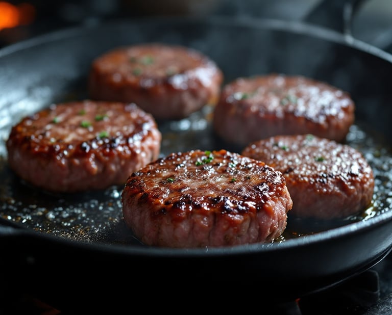 a pan of hamburger patties sizzling in a cast iron skillet