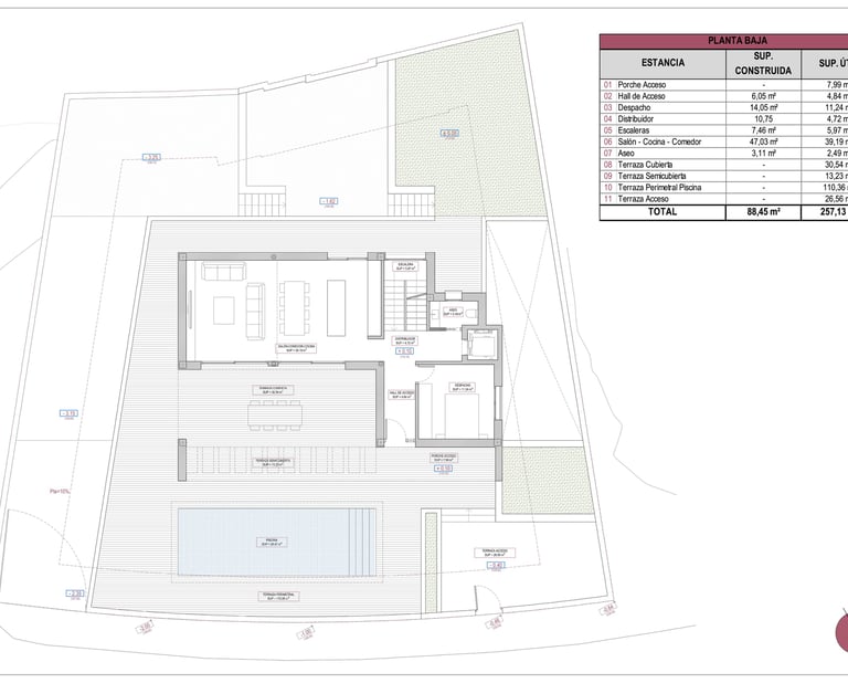 plano de planta baja o principal villas terrazas de la exótica