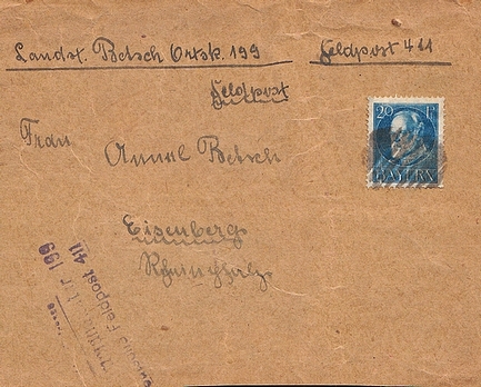 Fragment of a heavy letter from the front to Germany franked at 20 Pf for a weight of up to 550 g. 