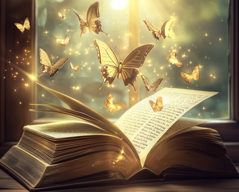 a book opened to reveal several golden butterflies flying
