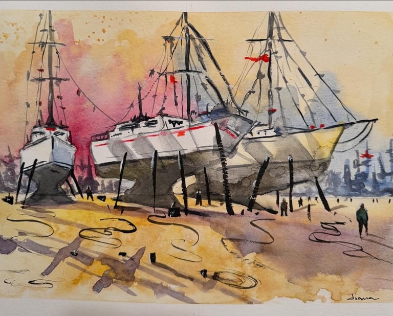 a painting of boats out of the water, ready for maintenance and reparation