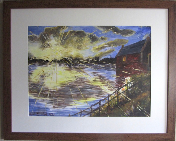 Beams of setting sunlight breaking through clouds across a harbour. Painted in acrylics on paper. 