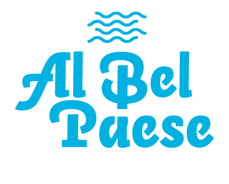 Logo del ristorante Al Bel Paese con scritta stilizzata in colore ciano e onde decorative, su sfondo