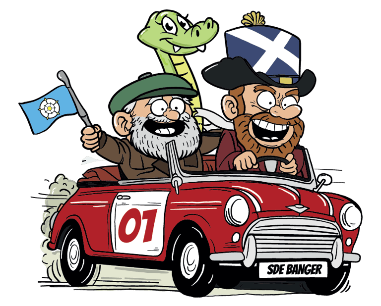 a cartoonish cartoon of a man driving a car