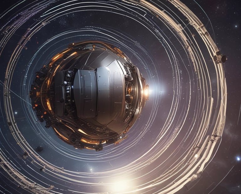 A large spacecraft is displayed inside a spacious museum hangar, showcasing its massive engines from a rear view. The interior architecture features a high ceiling with geometric patterns, and visitors are seen observing the exhibit.