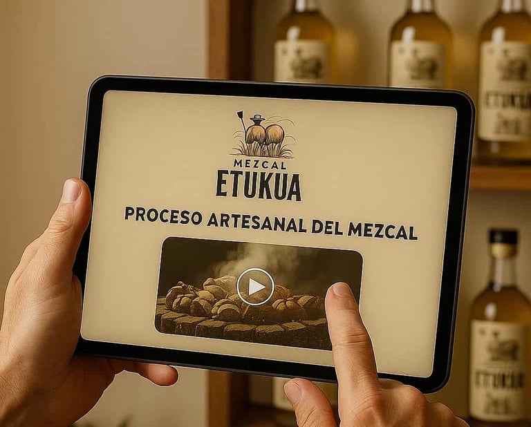 Manos sosteniendo una tableta digital que muestra información sobre el proceso de producción de mezc