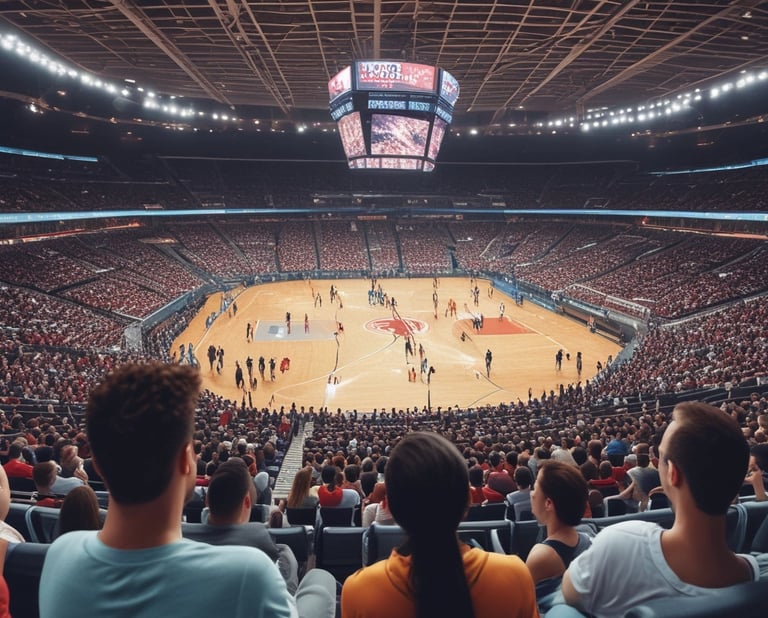 A vibrant image of fans enjoying a Raptors game on a large projector with food and drinks.