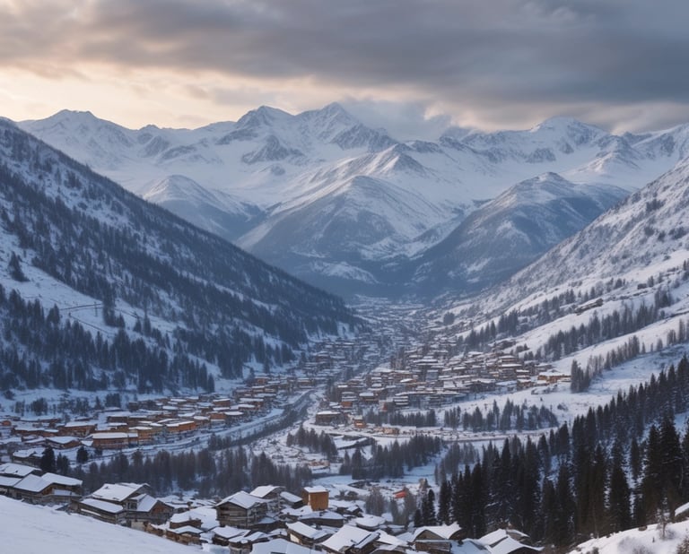A stunning view of mountains with travelers hiking in the foreground.