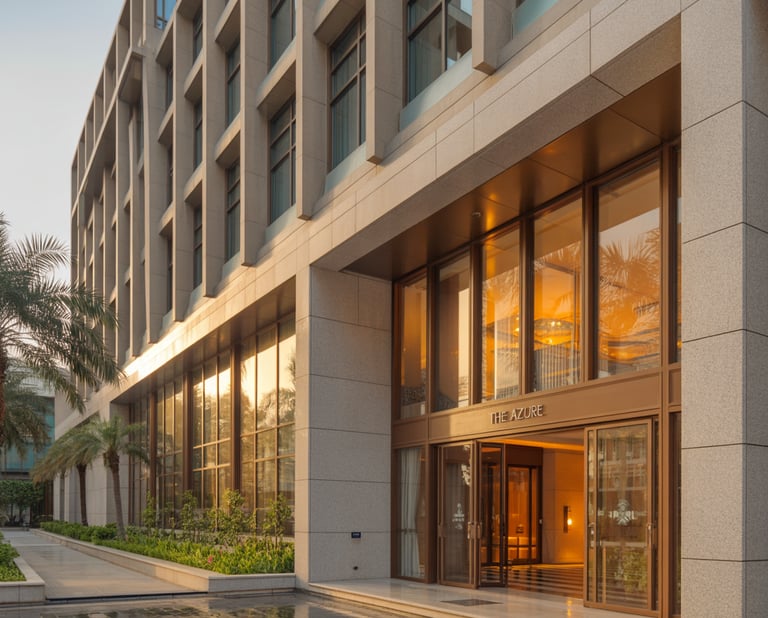 Modern hotel entrance with glass facade at sunset.