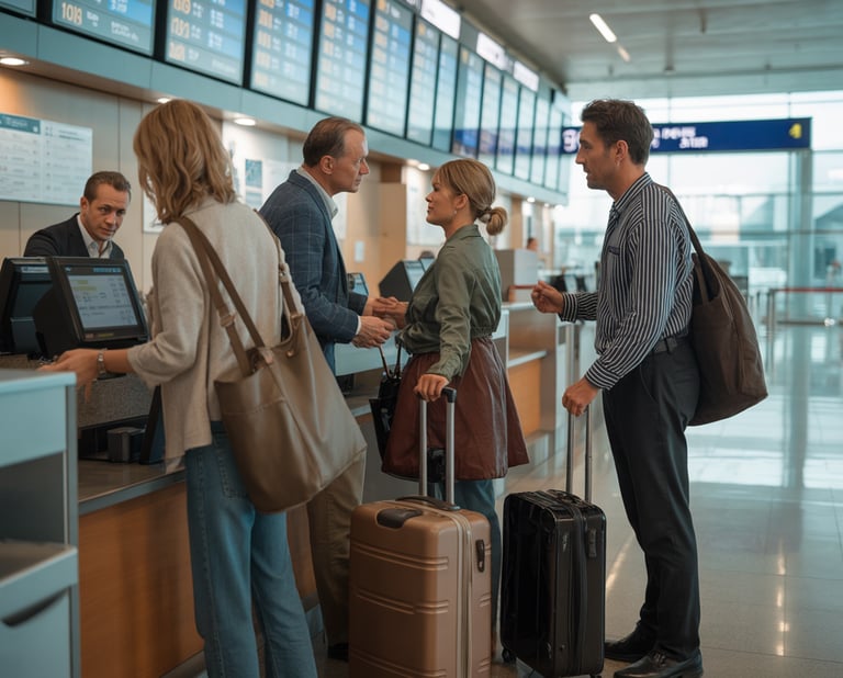 Travelers checking in at an airport counter with luggage before departure