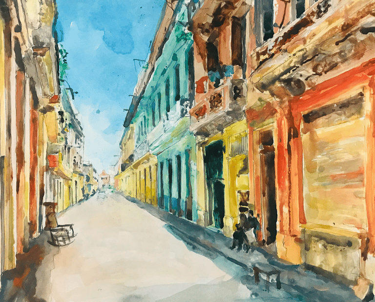a painting of a person sitting outside a house  down a street