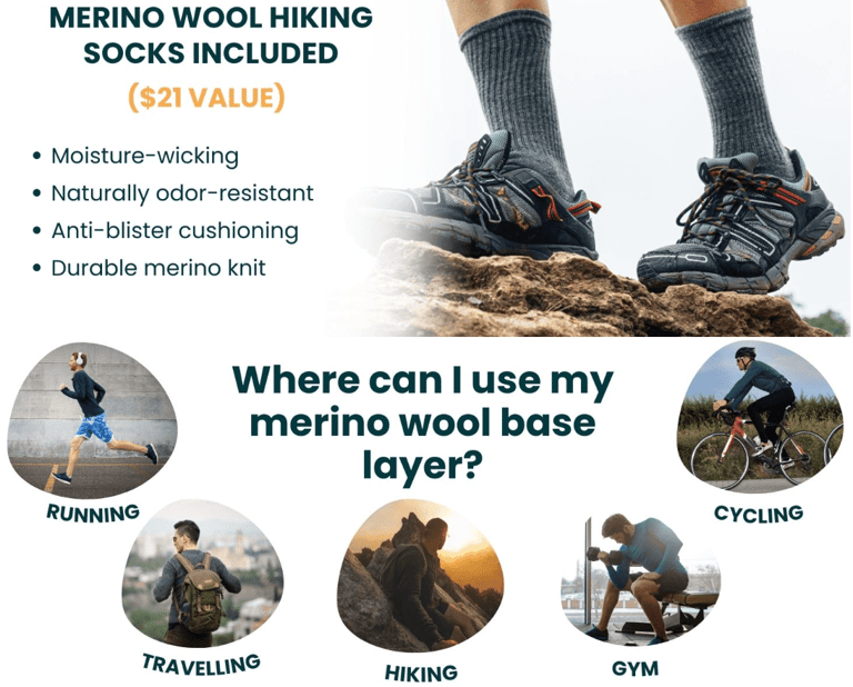 Close-up showing the soft texture of a MERIWOOL Merino wool base layer, highlighting sustainable