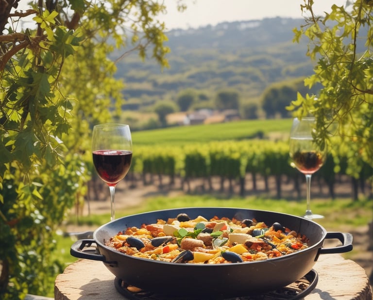 Two glasses of white wine are positioned on a table covered with a brown cloth. Fresh green grapes are scattered around, alongside a wooden platter displaying slices of cheese and charcuterie. Overhead, grapevines hang down, providing a natural canopy.