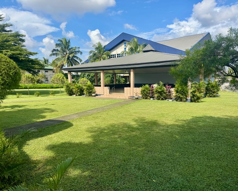 Modern pavilion and roofed hall on a lush green lawn with tropical palm trees.