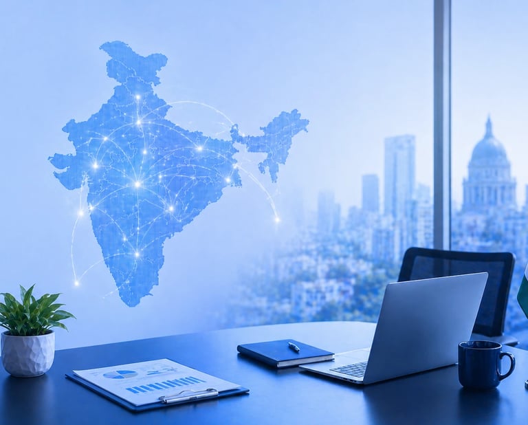 Workspace with India map showing business growth opportunities for Indian companies
