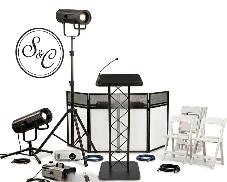 a variety of event items, chairds, DJ facade, podium, spotlights and more