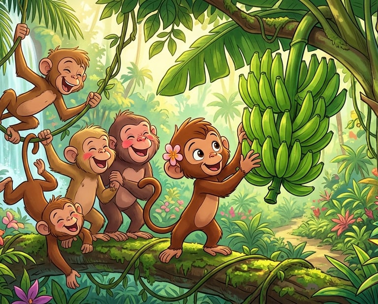 Happy cartoon monkeys playing in a lush tropical jungle near a bunch of green bananas.